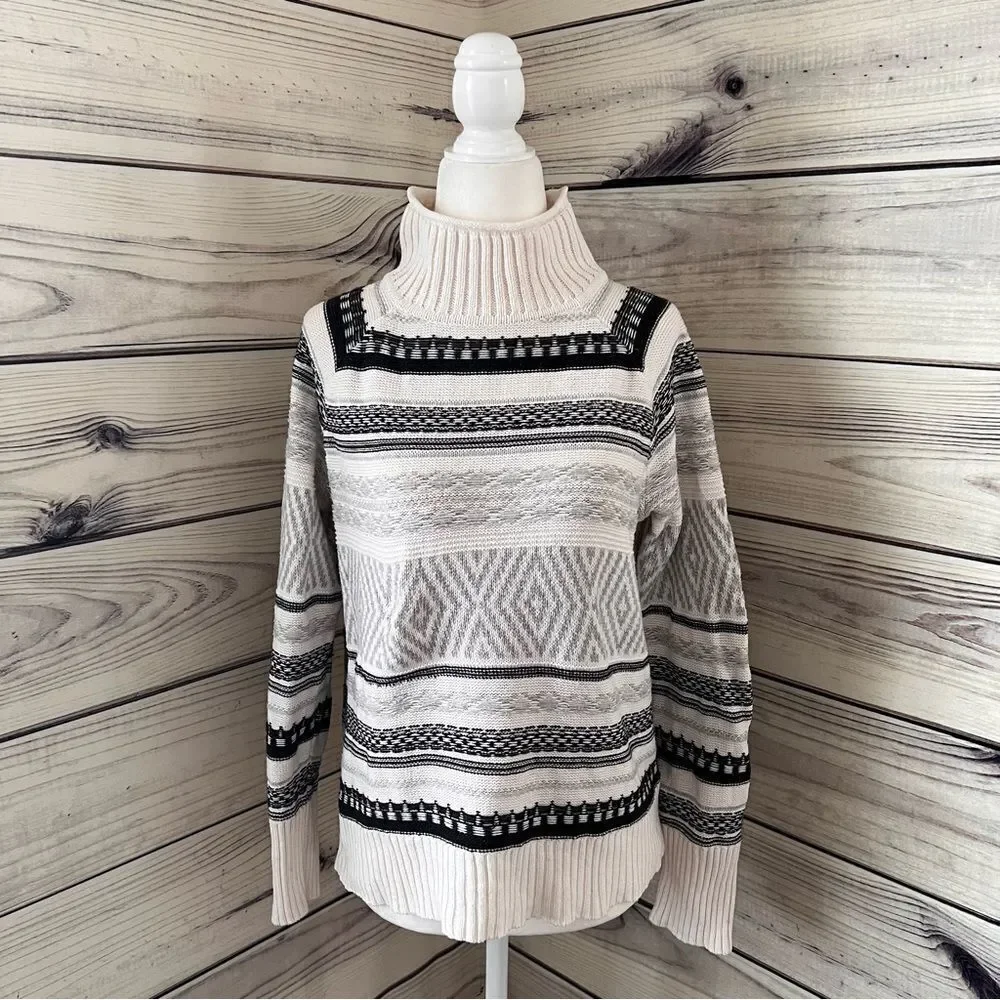 Chaps Ivory & Grey Striped Fair Isle Mock Turtleneck Sweater
